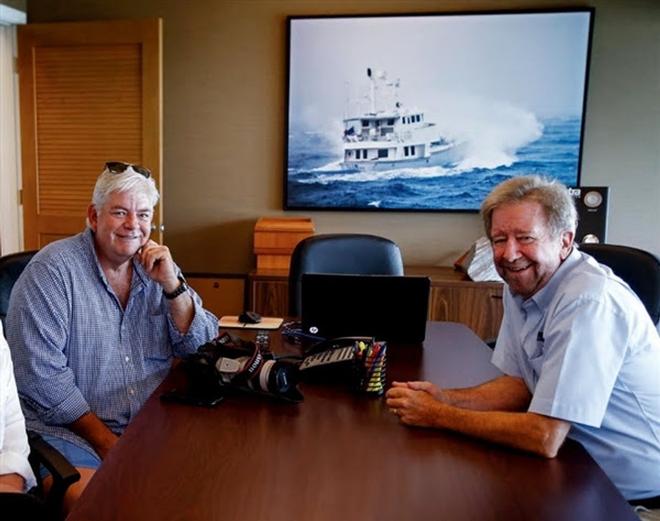 Dan Streech and myself chatting the boardroom.  Interestingly enough the photo on the wall behind was taken by Ken Williams (San Souci N68) of Seabird N62 while they were running off the coast of Albania © pendanablog.com